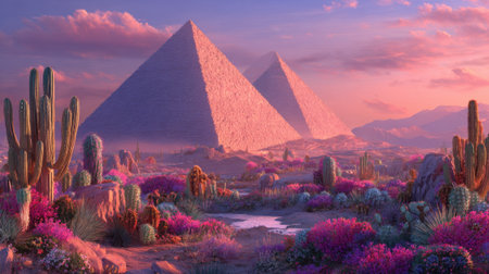 Colorful desert plants surround ancient pyramids as the sun sets creating a magical scene.の素材