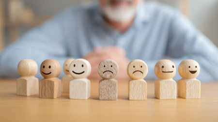 Small wooden figures with different facial expressions are lined up capturing various emotions.の素材