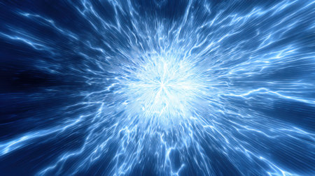 A vibrant burst of electric blue light spreads outward illuminating the surrounding darkness with energy.の素材