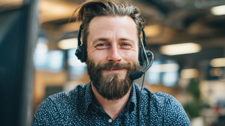 A cheerful support agent wearing a headset engages with clients in a lively workspace.の素材