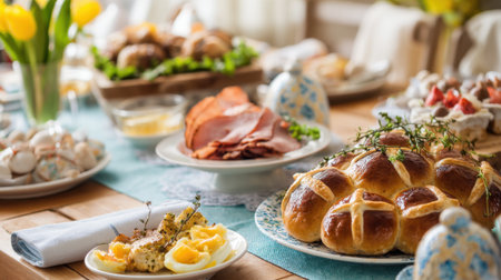 Enjoy a vibrant spring brunch with freshly baked goods savory meats and decorative treats on display.の素材