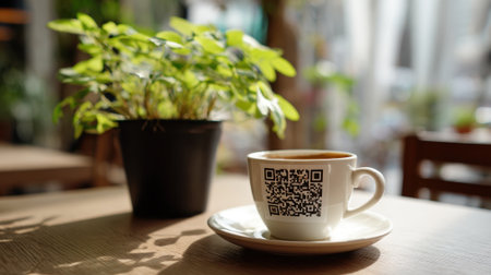 A coffee cup displaying a QR code rests next to a vibrant plant capturing a warm inviting atmosphere.の素材