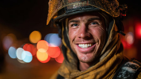 A firefighter beams with pride while surrounded by vibrant city lights during a night call.の素材