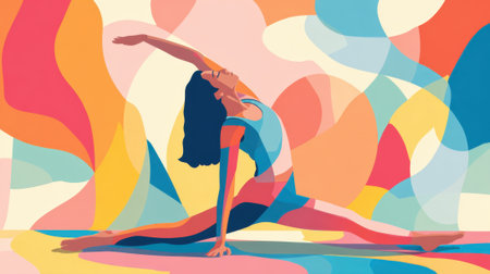 A figure showcases a deep yoga pose amidst a swirl of bright flowing colors that evoke energy.の素材