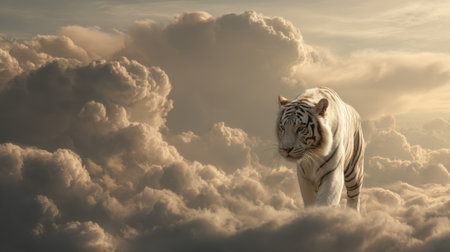 A striking white tiger roams through clouds as golden sunlight illuminates its fur creating a surreal scene.の素材