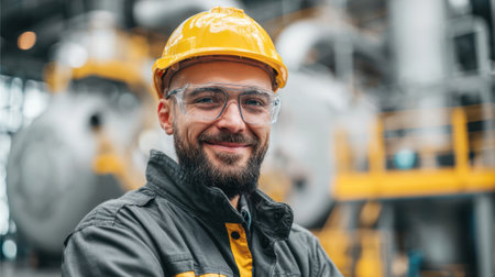 A skilled worker with glasses and a helmet stands proudly in a busy industrial environment.の素材