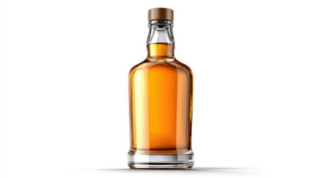 A clear glass bottle stands upright showcasing a deep amber liquid casting beautiful reflections.の素材