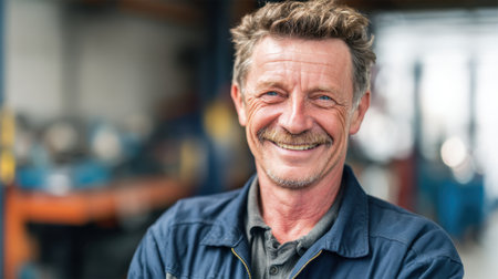 Skilled mechanic enjoys a moment of joy while working in a well equipped automotive workshop.の素材