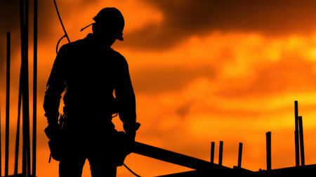 A construction worker is silhouetted against a stunning orange sunset holding equipment with beams behind.の素材