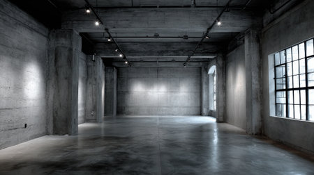 Bright spacious interior showing a concrete design with large windows creating an open atmosphere.の素材
