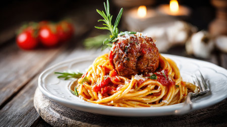 A plate of spaghetti topped with a flavorful meatball and garnished with herbs is set on worn wood.の素材