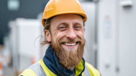 A cheerful construction worker wearing a helmet stands amidst machinery and equipment smiling with pride.の素材