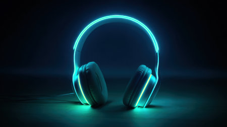 Bright blue light enhances the sleek design of headphones in a dark setting showing modern technology.の素材