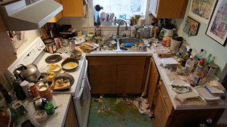 Cluttered kitchen space shows leftovers dirty dishes and a chaotic atmosphere from cooking.の素材