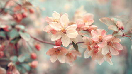 Delicate pink and white blossoms unfurl against a soft misty backdrop celebrating springtime beauty.の素材