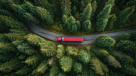 A bright red truck drives along a winding road surrounded by tall evergreen trees in a serene forest.の素材