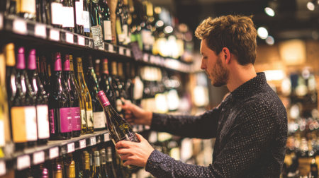 A man carefully examines wine bottles on a store shelf during a lively evening.の素材