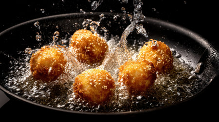 Hot oil sizzles as golden balls fry, creating bubbles and splashes. A dark kitchen serves as the backdrop, highlighting the delicious cooking process.の素材