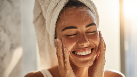 A joyful woman applies cleanser to her face radiating happiness and glow in a sunlit bathroom.の素材