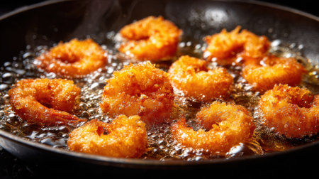 Juicy shrimp coated in breading sizzle in hot oil, bubbling to form a crispy crust. The scene captures the delicious process of frying seafood.の素材