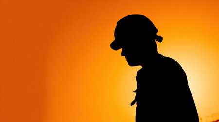 A construction worker stands still silhouetted by the glowing orange sunset deep in thought.の素材