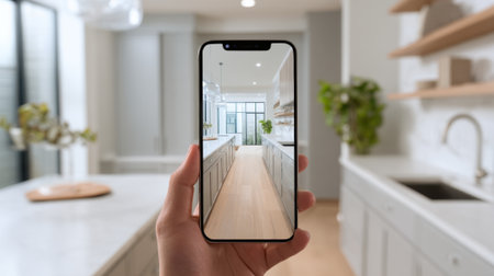 A hand holds a smartphone revealing a spacious kitchen filled with light and modern features.の素材