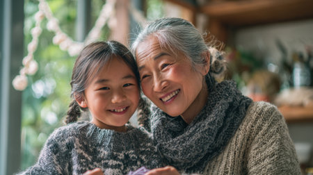 A joyful grandmother and her granddaughter smile as they knit together indoors enjoying each others company.の素材