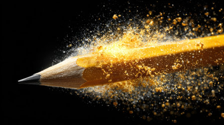 A sharpened yellow pencil is striking a surface, releasing a vibrant cloud of yellow dust and particles into the air. The dramatic lighting enhances the motion and energy of the moment.の素材