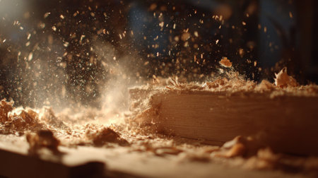 Wood shavings swirl in the air illuminated by soft light from above as a craftsman works expertly.の素材