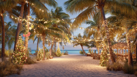 Twinkling lights adorn palm trees creating a festive path leading to a beachfront dinner setup.の素材