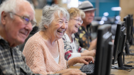 A group of seniors enjoys a computer class sharing laughter and learning together at a community center.の素材