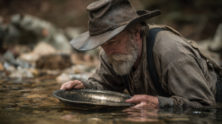 A determined man crouches by a tranquil river sifting for gold in the soft glow of sunset.の素材