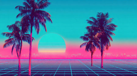 A bright sunset casts colorful hues over a digital landscape. Palm trees stand tall, silhouetted against a pink and blue sky, evoking a serene and nostalgic atmosphere.の素材