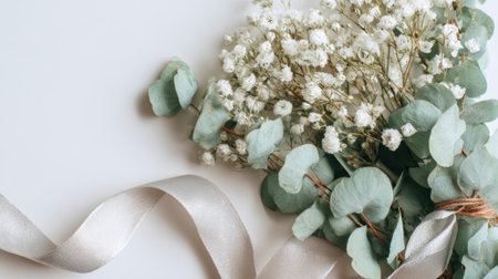 Freshly gathered white flowers and eucalyptus arranged beautifully with a ribbon on a light background.の素材