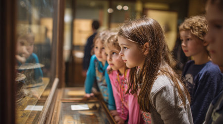 Children gaze in wonder at historical artifacts sharing excitement and curiosity in a museum setting.の素材