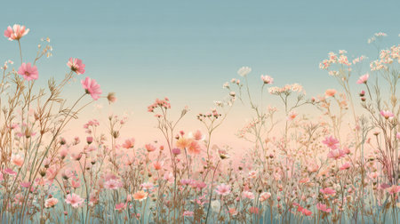 Delicate wildflowers in shades of pink and white bloom under a pastel sky evoking tranquility and beauty.の素材