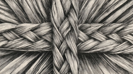 A close-up view reveals a beautifully woven braid, highlighting the intricate patterns and smooth textures of the hair. The artwork captures the harmony of the strands.の素材