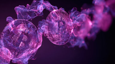 Digital coins representing Bitcoin are surrounded by a dynamic display of swirling purple light.の素材