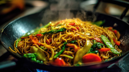 Aromatic steam rises from a colorful stir fry featuring noodles and fresh vegetables for dinner.の素材