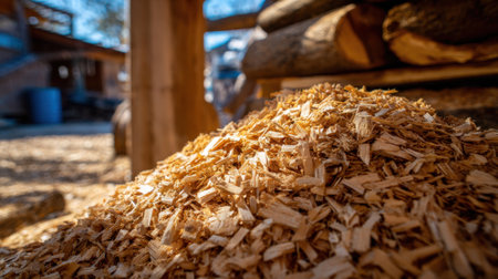 Sunlight filters through trees revealing a heap of wood shavings near a bustling workshop.の素材