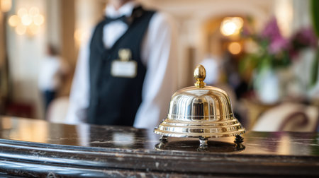 A polished service bell shines on the hotel counter as attentive staff await guest arrivals.の素材