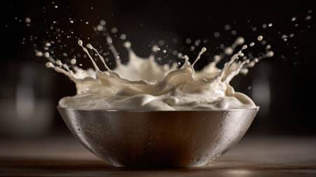 A metallic bowl filled with creamy liquid is placed on a wooden surface. The cream splashes out, creating interesting shapes in the air, surrounded by a softly lit kitchen.の素材
