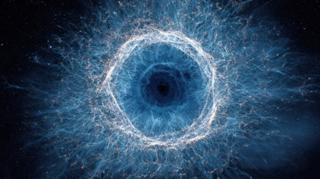 An enchanting cosmic eye emits energy surrounded by swirling colors in deep space evoking wonder.の素材