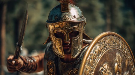 A fierce warrior clad in brilliant armor stands ready with sword and shield surrounded by trees.の素材