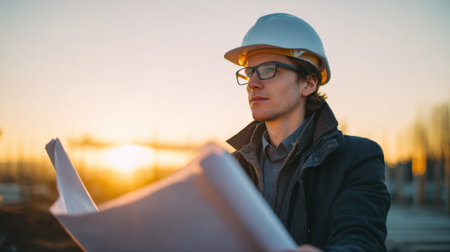 A worker wearing glasses and a hard hat plans construction activities while observing blueprints. The sun sets behind him, creating a warm glow at the building site.の素材