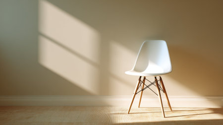 Soft rays of sunlight illuminate a modern chair against a plain wall creating a tranquil atmosphere.の素材