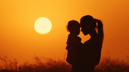 A mother holds her child close as they share a quiet moment during a beautiful sunset.の素材