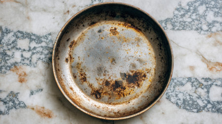 A worn baking pan lies on a textured marble surface hinting at many meals cooked and memories made.の素材