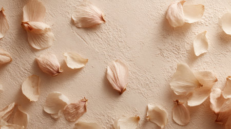 Delicate petals lay scattered across a smooth surface evoking tranquility and calmness.の素材
