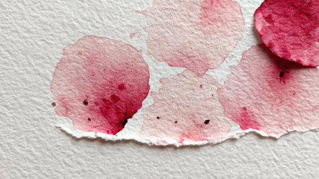 Delicate circles of pink watercolor blend harmoniously on rough white paper creating an artistic scene.の素材